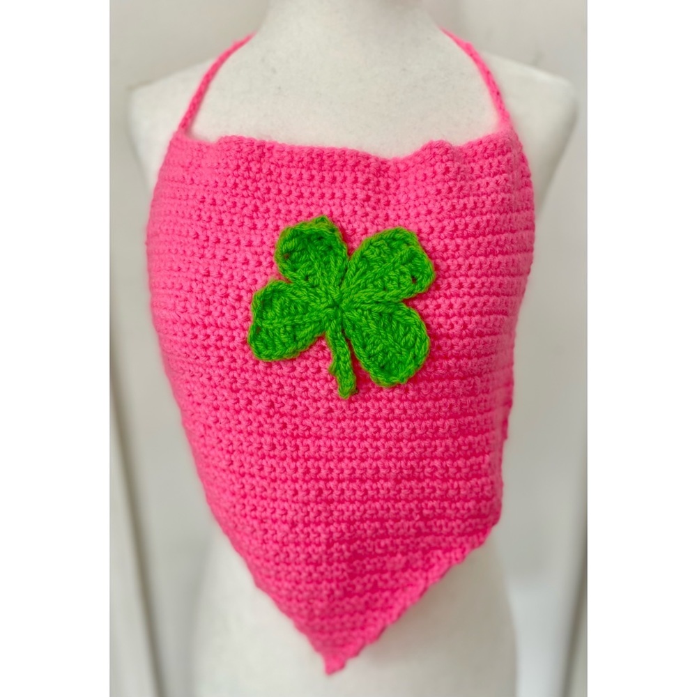 ✨💖🍀💫Handmade Crochet St. Patrick's Day Four Leaf Clover Pink Halter Top